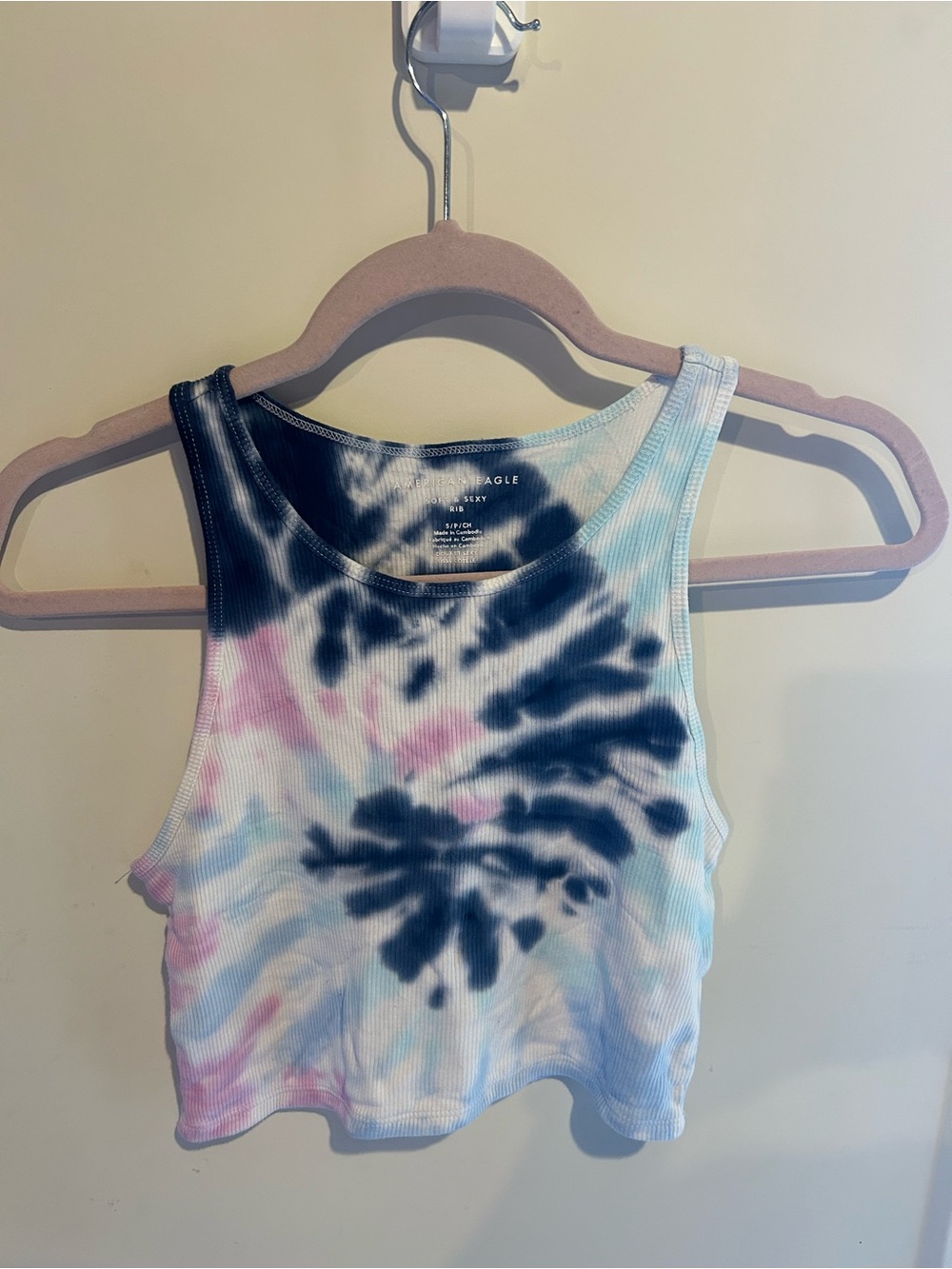 American Eagle Outfitters Tie-Dye Ribbed Cropped Tank - Black, Pink, Blue